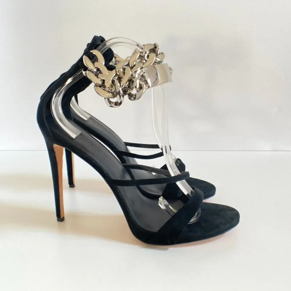 AMINAH ABDUL JILLIL Black Suede Ankle Strap Heels With Silver Chain Detail, size - Picture 3 of 10